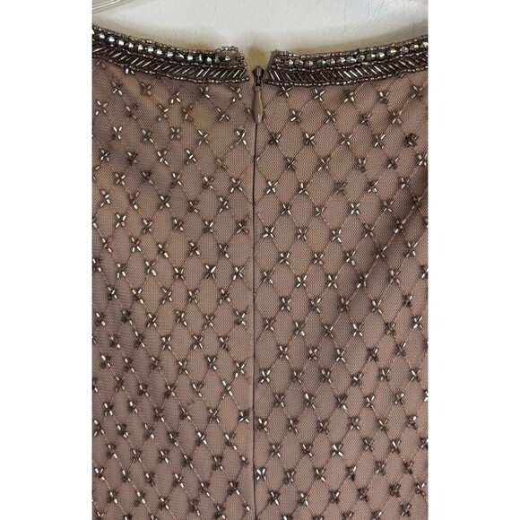 ADRIANNA PAPELL Rose Gold Beaded Formal Dress 16 Adorned Sides Midi Mesh Gown - Picture 14 of 16